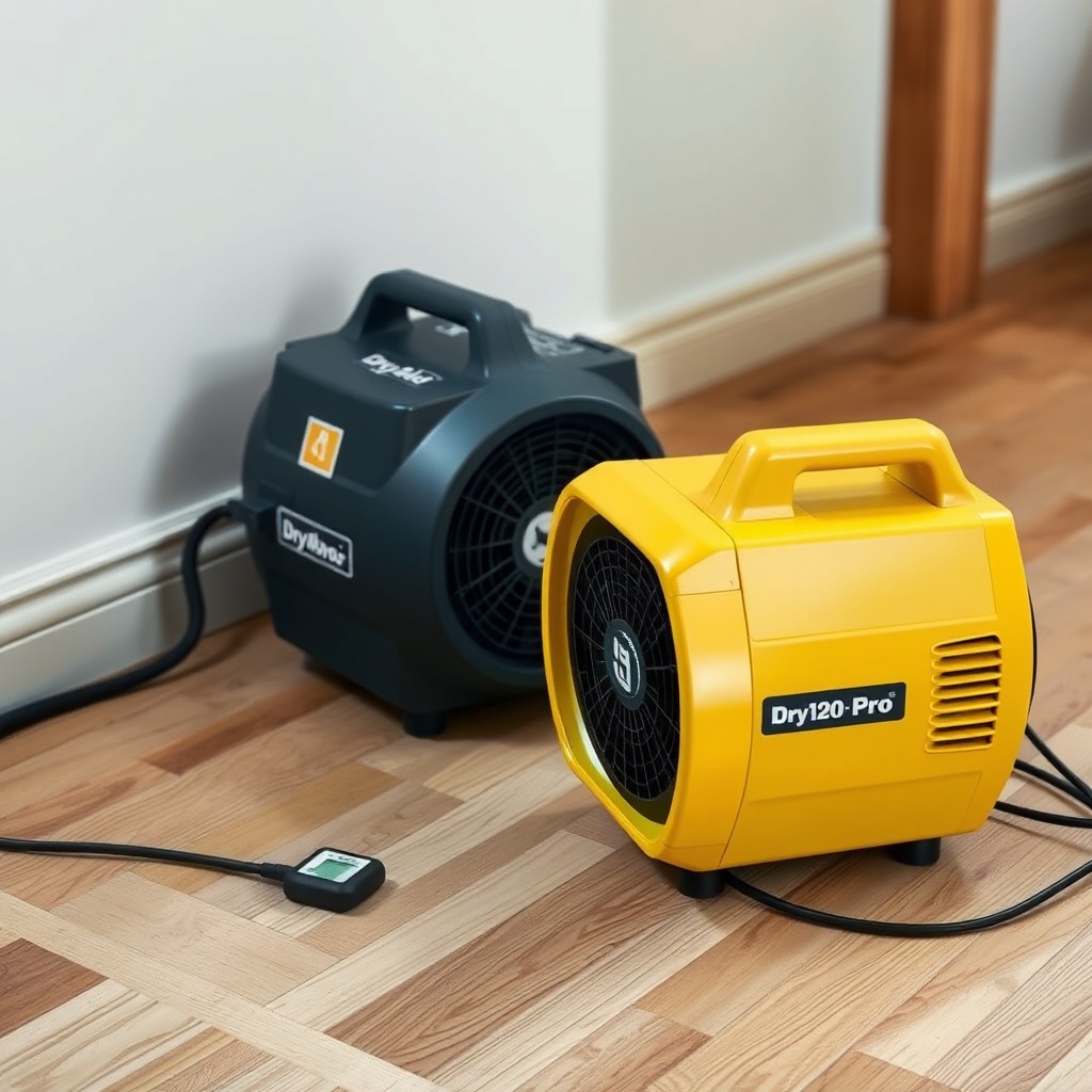 <clean photorealistic photo/illustration of a DryAid M120 Pro air mover positioned at a 45