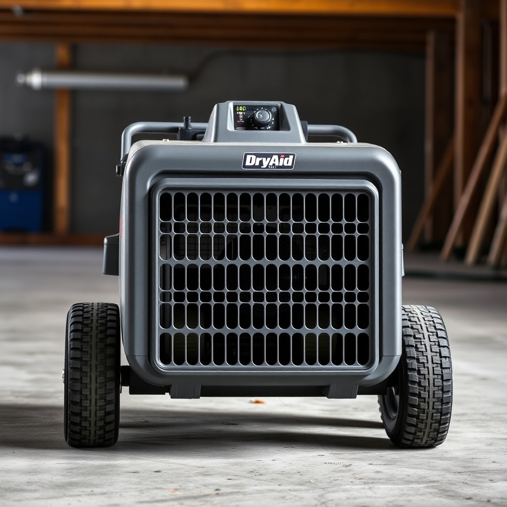 <clean photorealistic photo/illustration of a DryAid M120 Pro air mover showing its reinfo