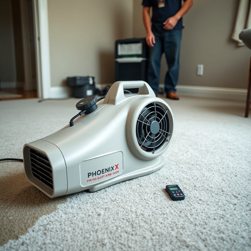 A photorealistic close-up of the Phoenix R200 Max Air Mover placed on a wet carpet in a re