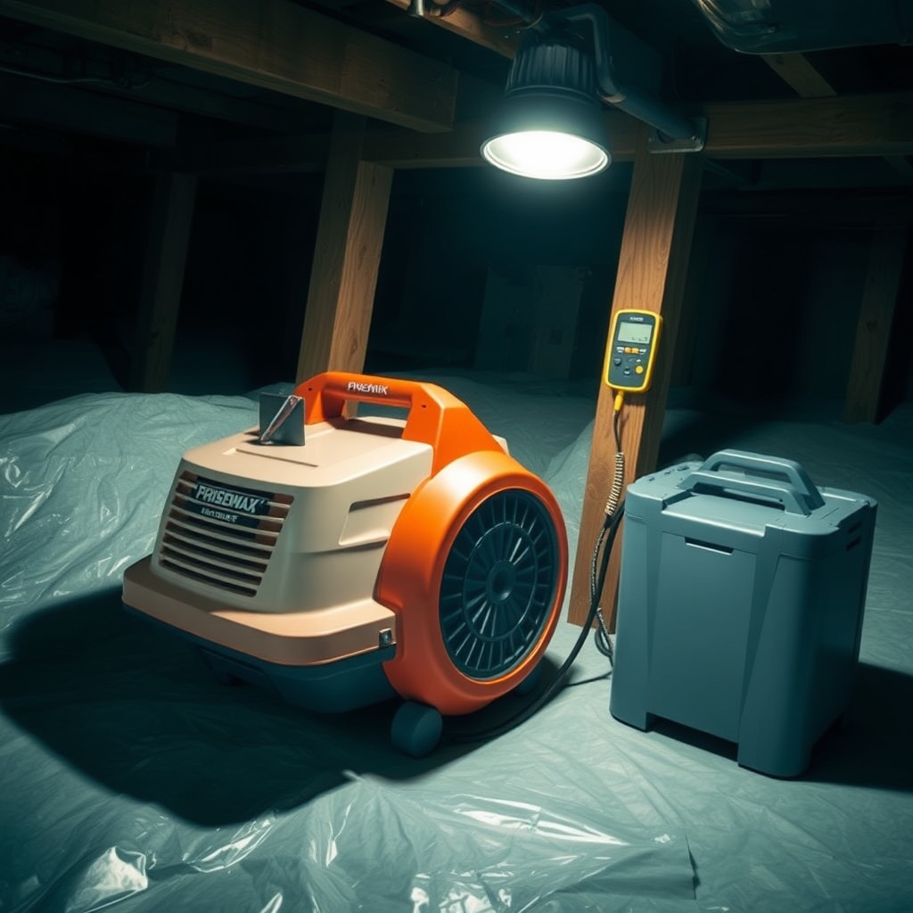 A photorealistic image of the Phoenix R200 Max Air Mover inside a crawl space
