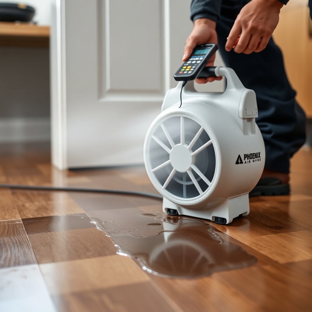 A photorealistic close-up of a Phoenix R200 Max Air Mover positioned near a wet hardwood f