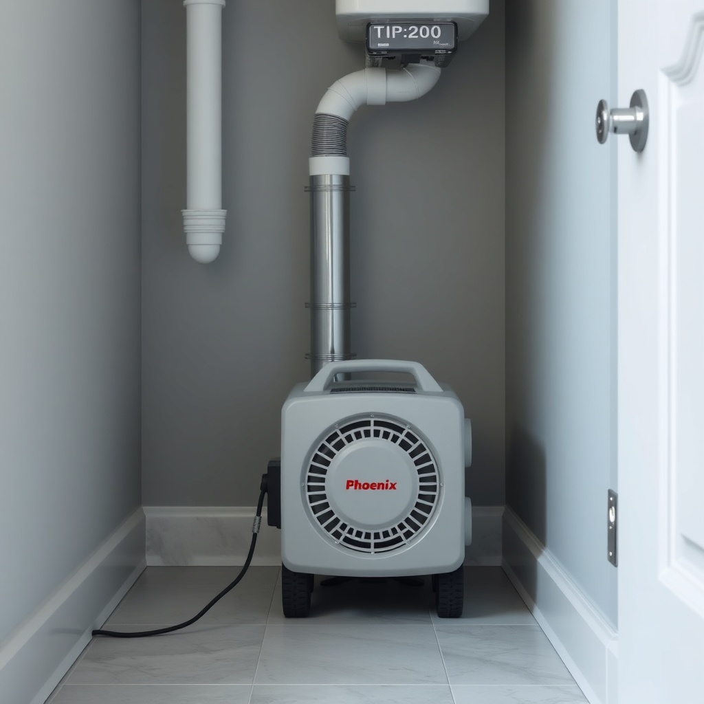 <clean photorealistic photo of a Phoenix R200 Max Air Mover positioned in a residential ba