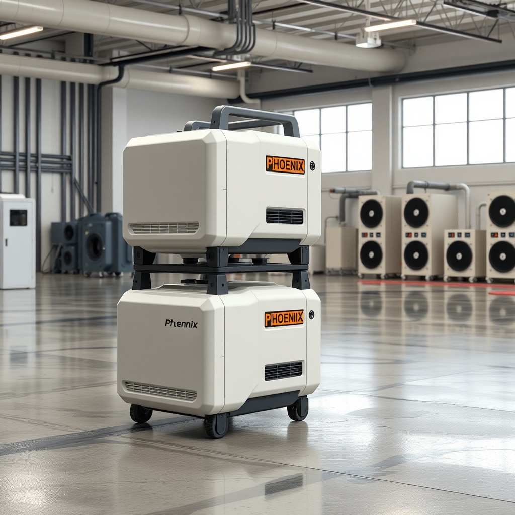 <clean photorealistic photo of two stacked Phoenix R200 Max Air Movers in a large room wit