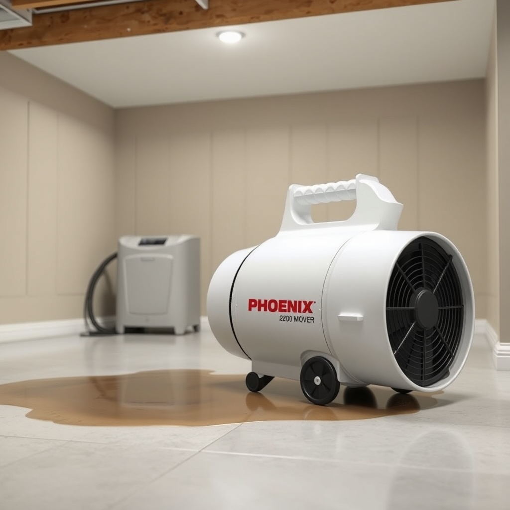 A photorealistic photo of the Phoenix R200 Max Air Mover in a finished basement with a sli