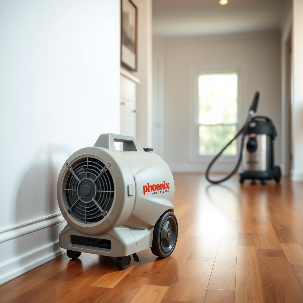 <photorealistic photo of a Phoenix R200 Max Air Mover positioned on a hardwood floor next