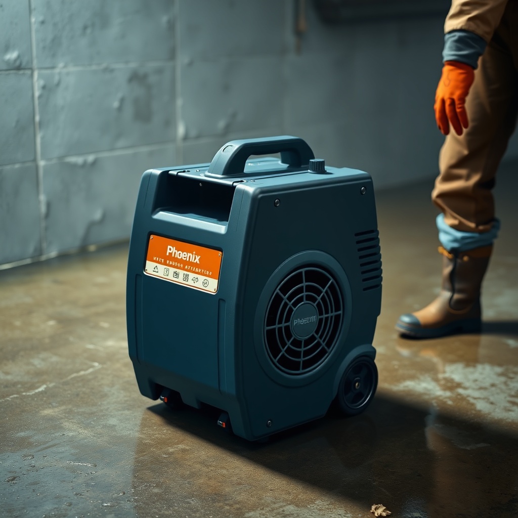 <photorealistic photo of a Phoenix R200 Max Air Mover placed in a flooded basement with we